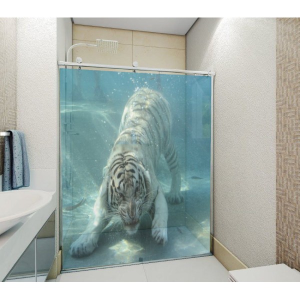 Adesivo Para Box De Banheiro 3d Tigre Branco II Largura Total Até 120cm